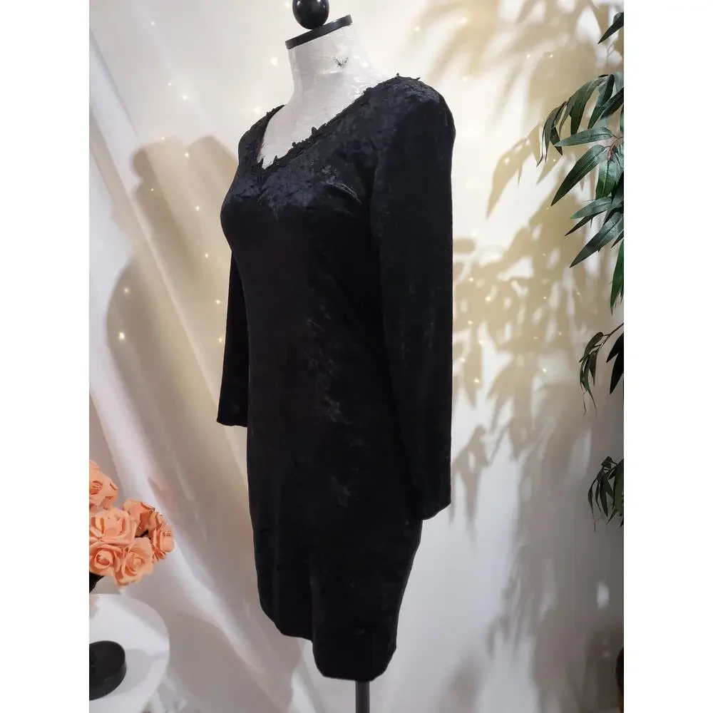 Vtg 90s Molly Malloy Crushed Velvet Bead Lace V-Neck Sheath Dress 4P Whimsigoth